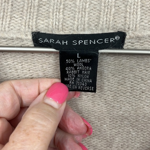 Sarah Spencer Womens Sweater L Tan/Cream Front Zip Tneck Lambs Wool Ribbed Cuffs - Picture 2 of 11